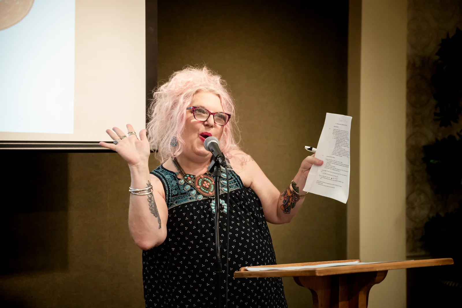 A speaker shares remarks at the Bake-Off